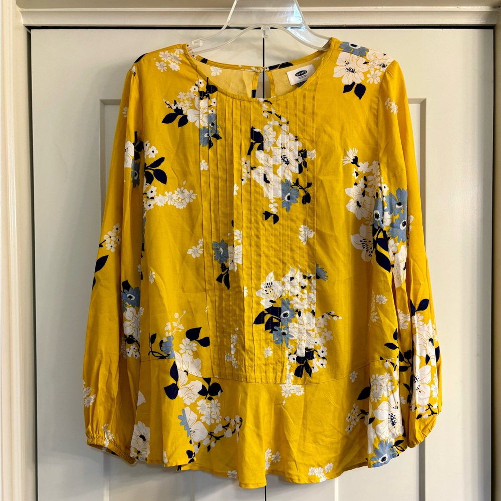 Old Navy Women’s Yellow Floral Blouse Long Sleeve Pintuck Peplum Top Small Shirt